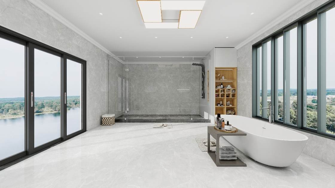 Bathroom design render with freestanding tub, glass-walled shower and large windows overlooking a lake
