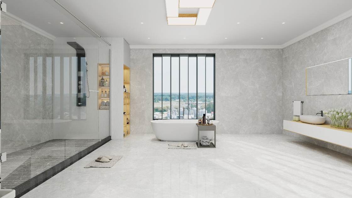 Bathroom suite design render with freestanding tub, walk-in glass shower and floor-to-ceiling window