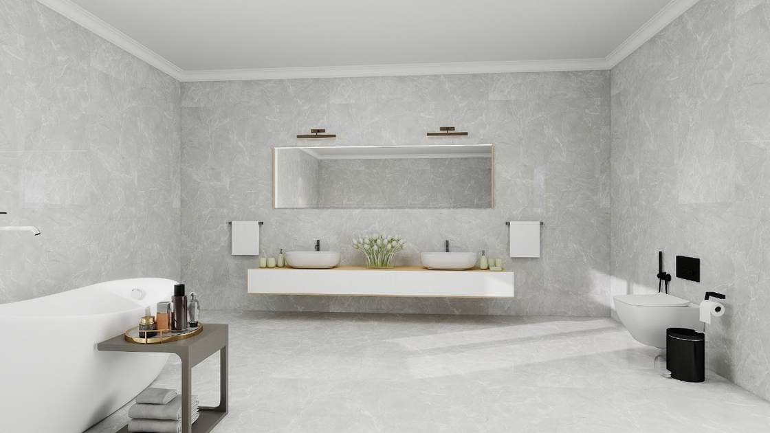 Bathroom design render with floating double vanity, grey marble walls and freestanding tub