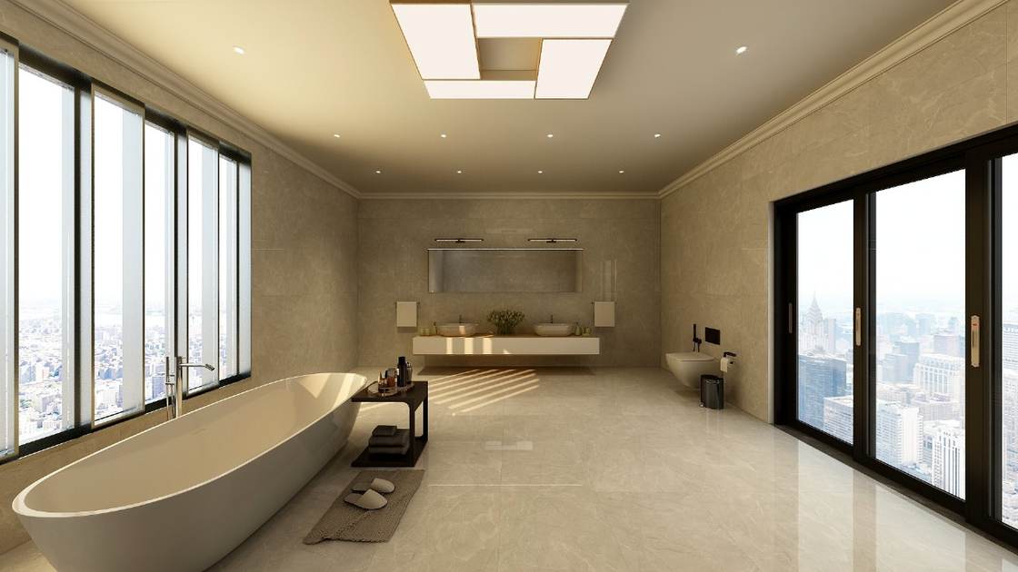 Luxury bathroom design render with freestanding tub, double vanity and city skyline windows
