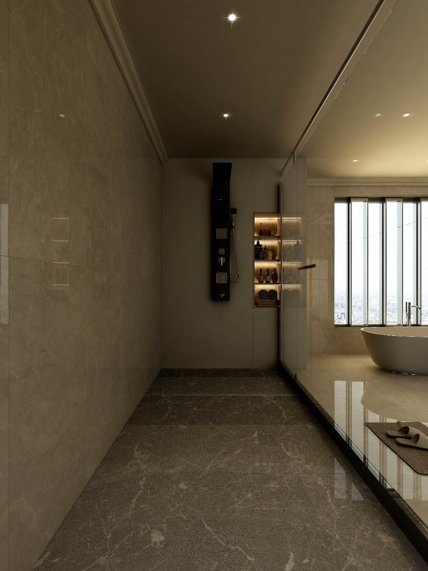 Walk-in shower design render with glass enclosure and built-in shelving