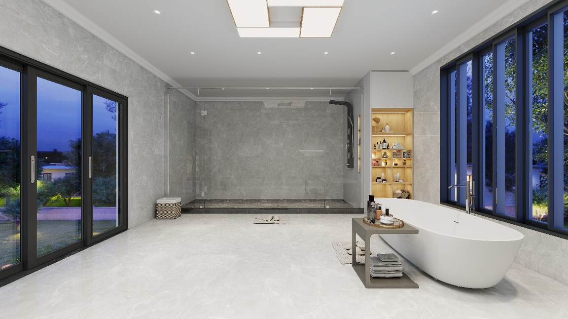 Bathroom suite design render at dusk with freestanding tub and large sliding glass doors