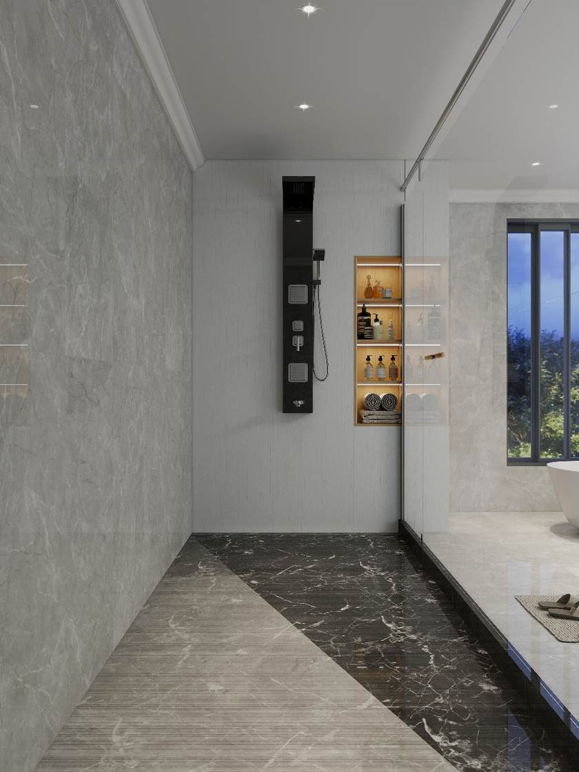 Walk-in shower design render with marble detailing