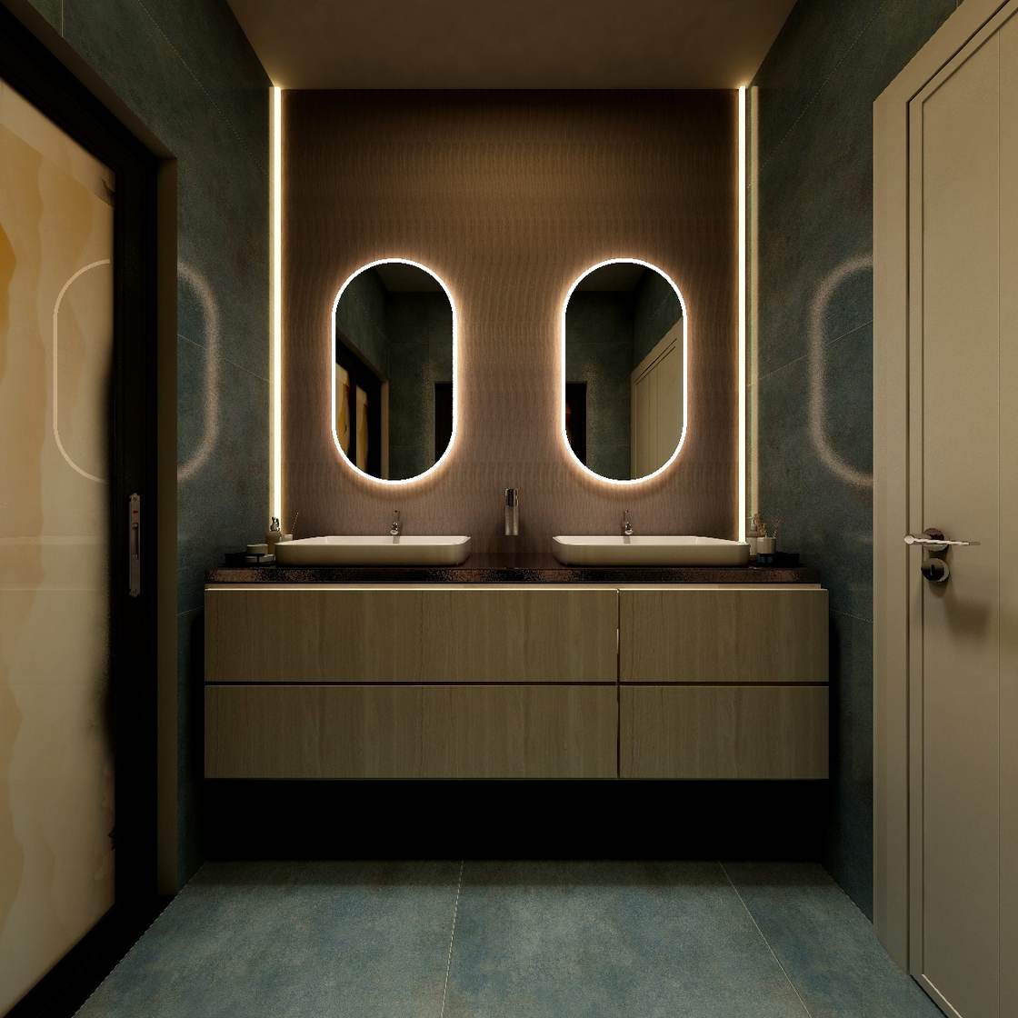 Bathroom design render with double vanity and oval mirrors
