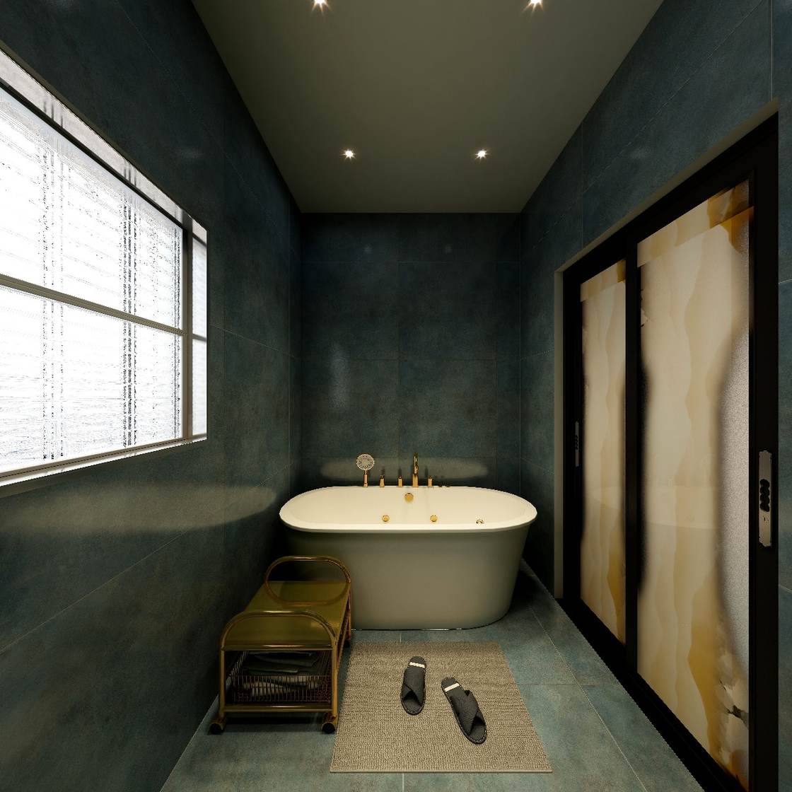 Bathroom design render with freestanding tub and window