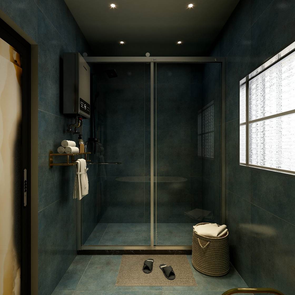 Shower design render with sliding glass door