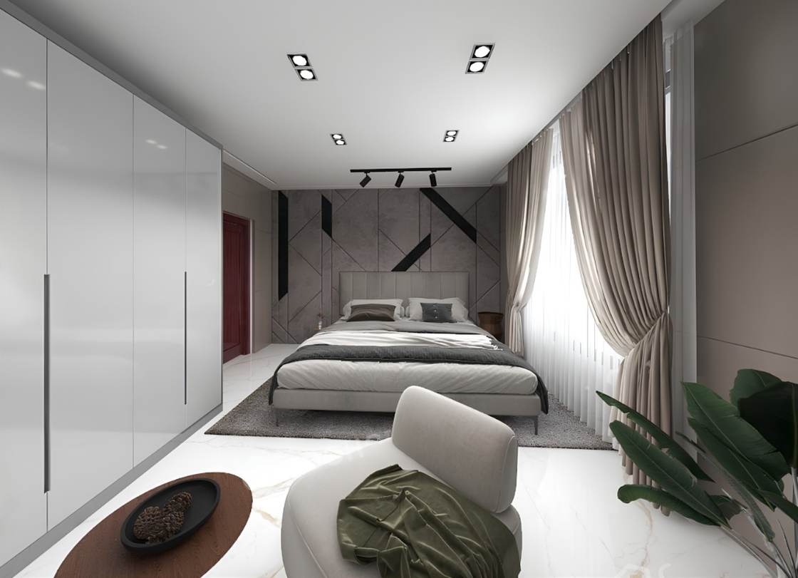 Bedroom design render with floor-to-ceiling white wardrobes and geometric feature wall
