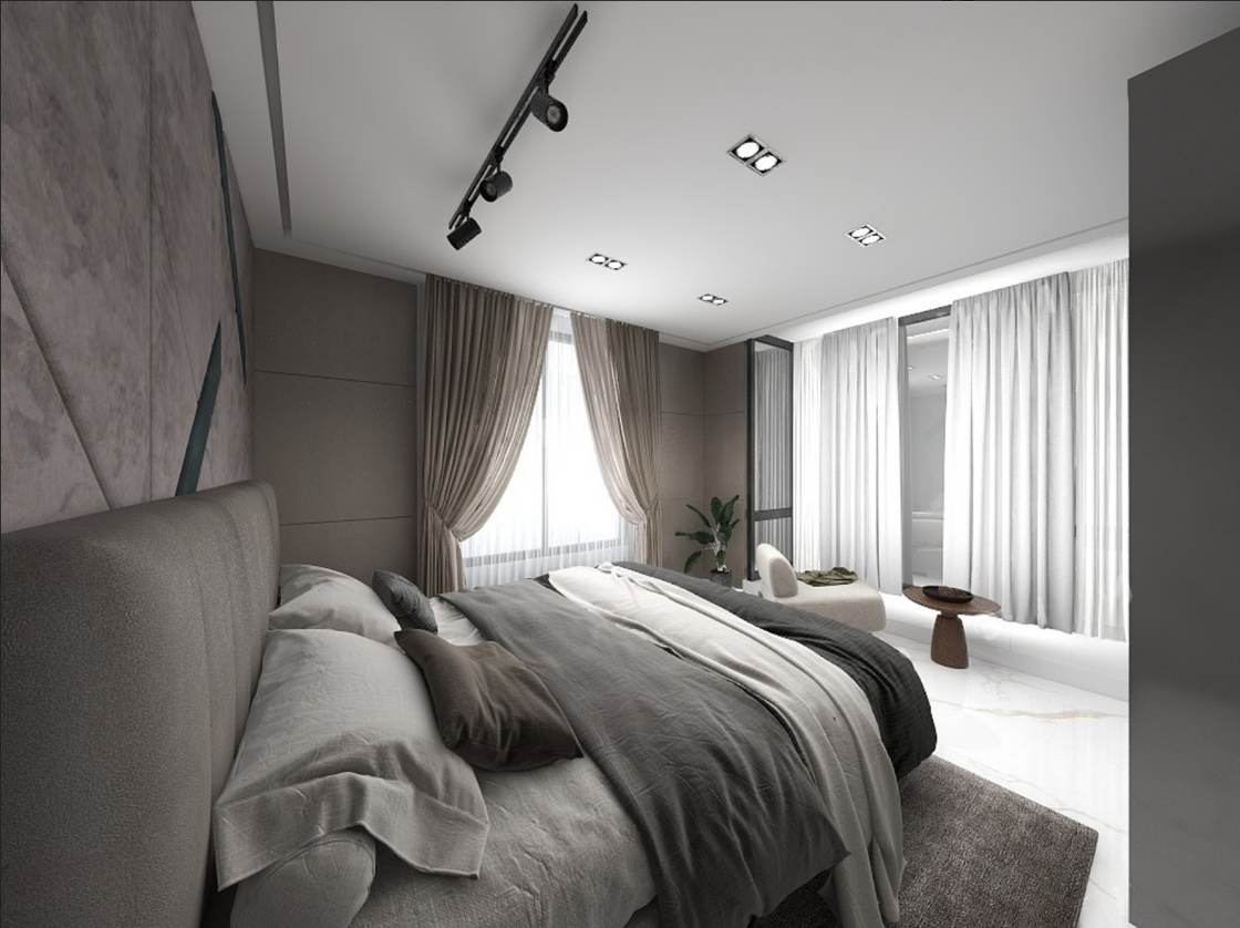 Primary bedroom design render with upholstered bed, curtained windows and marble floor