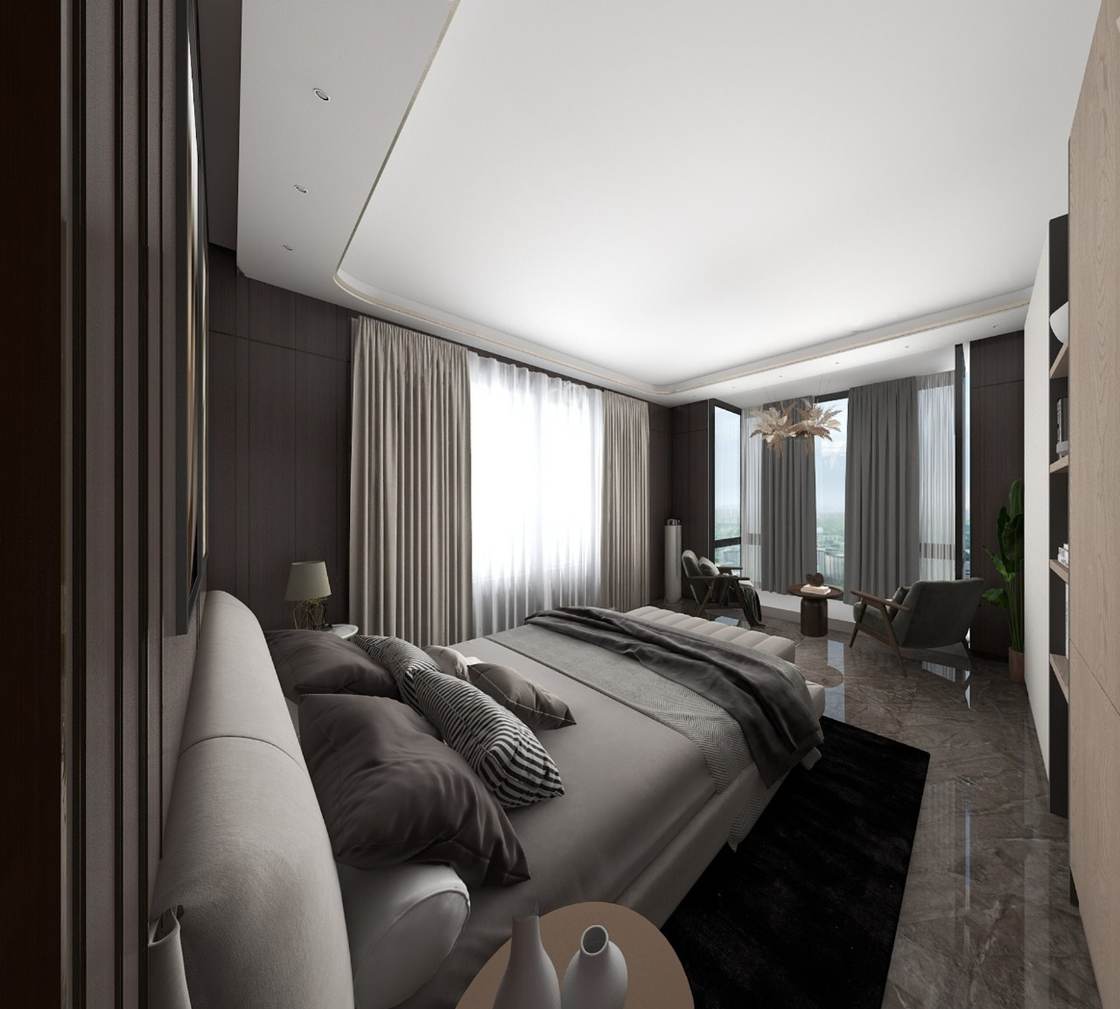 Primary suite design render with dark panelled walls, upholstered bed and sitting area