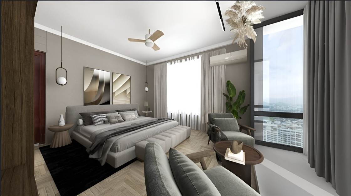 Bedroom design render with armchairs and floor-to-ceiling city-view window