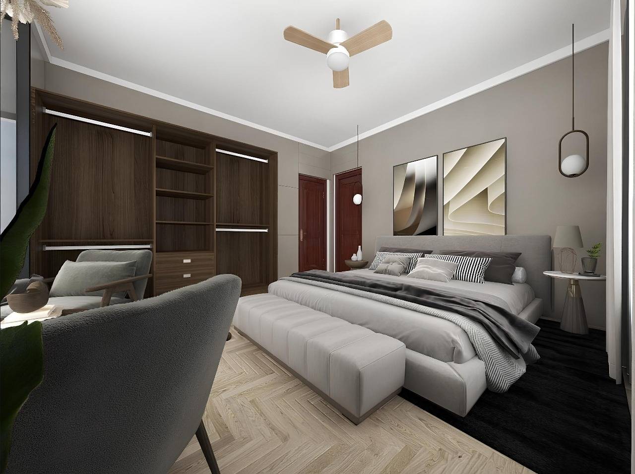 Bedroom design render with open timber wardrobe, upholstered bed and herringbone floor