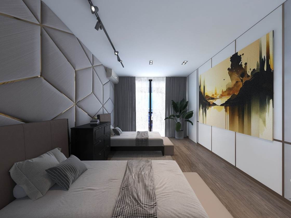 Guest bedroom design render with two beds and geometric upholstered feature wall