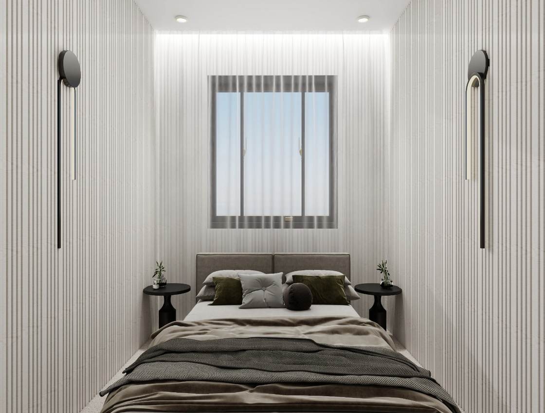 Bedroom design render with fluted wall panelling and wall lights