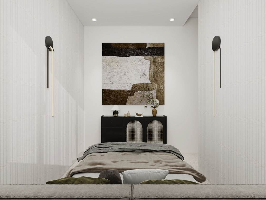 Bedroom design render with large abstract artwork and black rattan sideboard