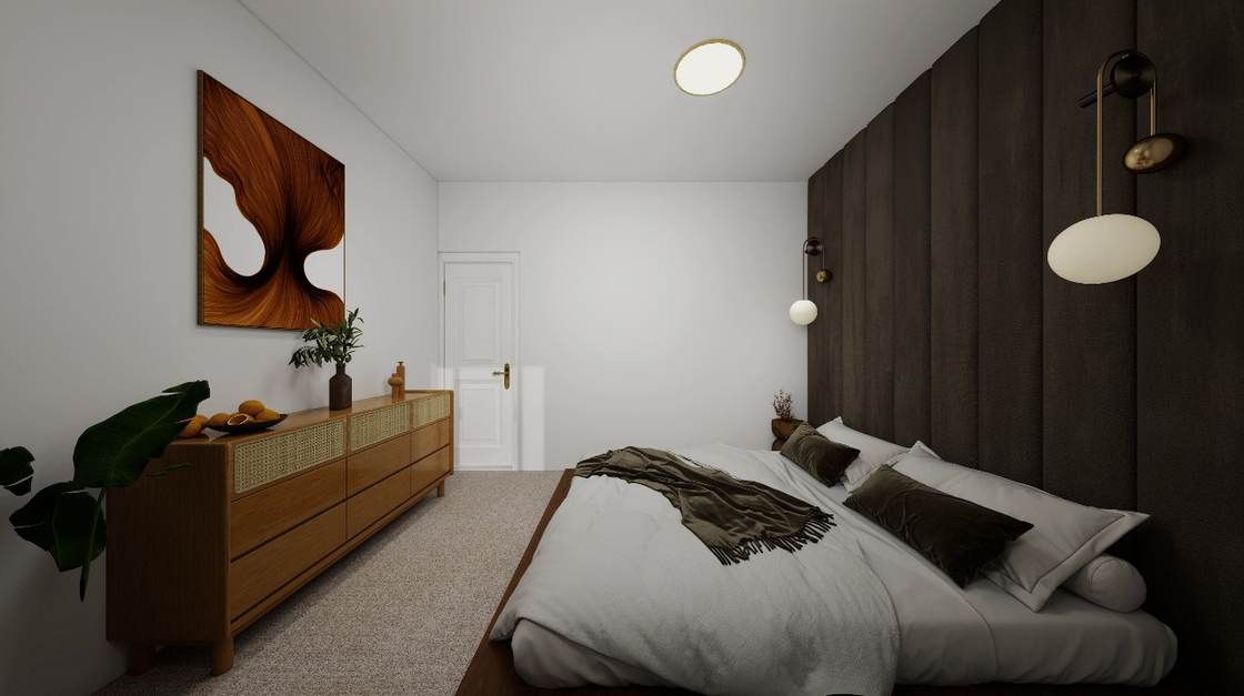 Bedroom design render with vertical upholstered headboard wall and timber dresser
