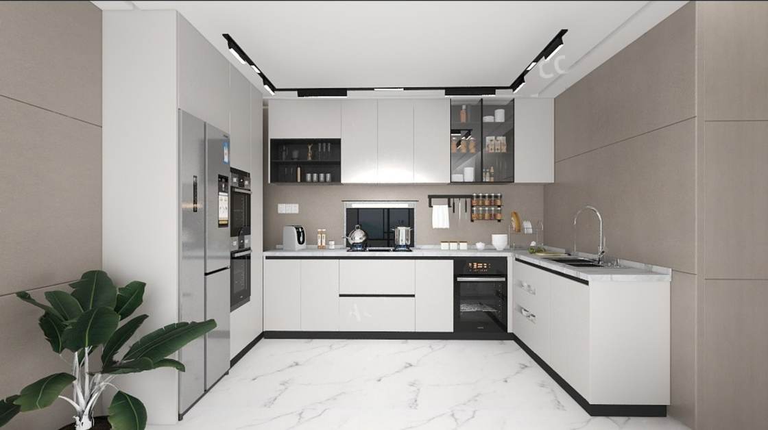 Modern U-shaped kitchen design render with white cabinetry, marble floor and track lighting