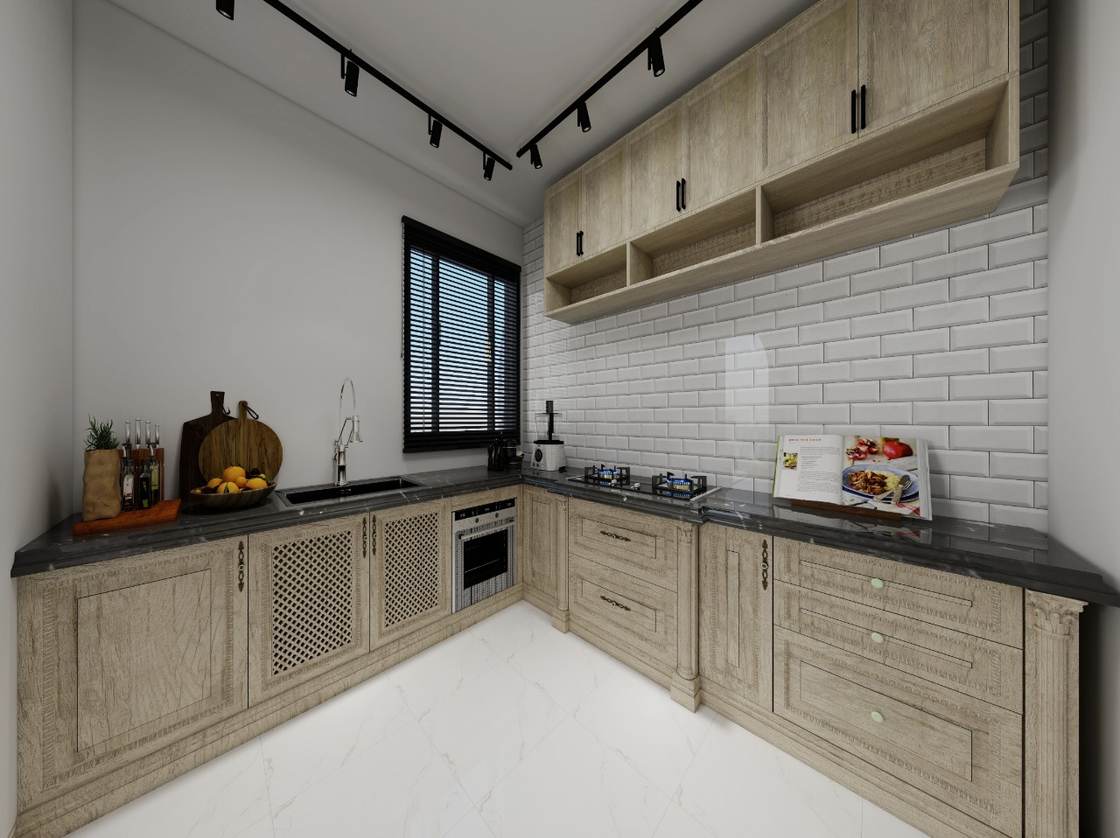 L-shaped kitchen design render with timber-effect cabinets, black countertop and white tile splashback