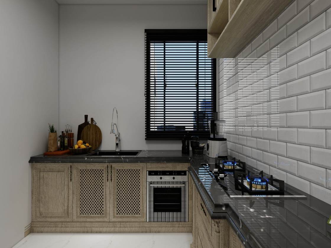 Kitchen corner design render with timber cabinets, tile splashback and framed botanical prints