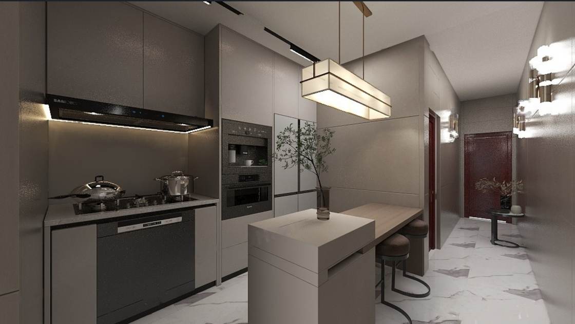 Kitchen and hallway design render with island, built-in oven and pendant light