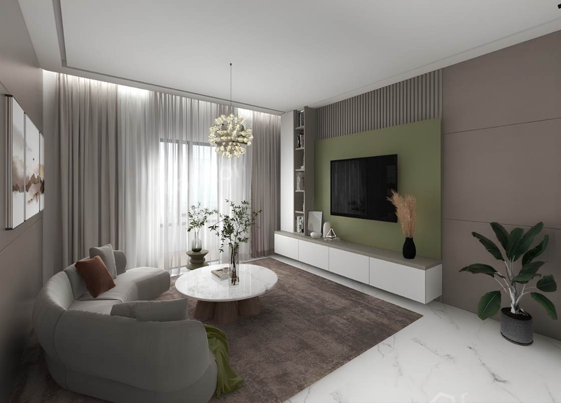 Living room design render with curved sofa, green TV feature wall and marble floor