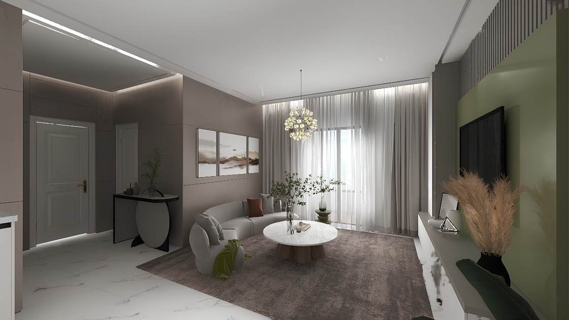 Open-plan living room and entry design render with curved sofa and sheer curtains