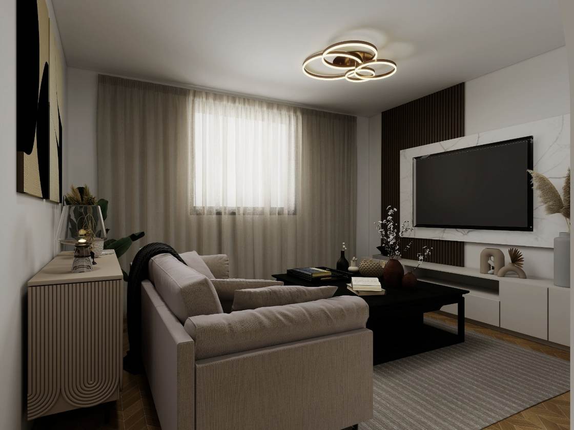 Living room design render with marble TV wall, timber slat panelling and ring chandelier