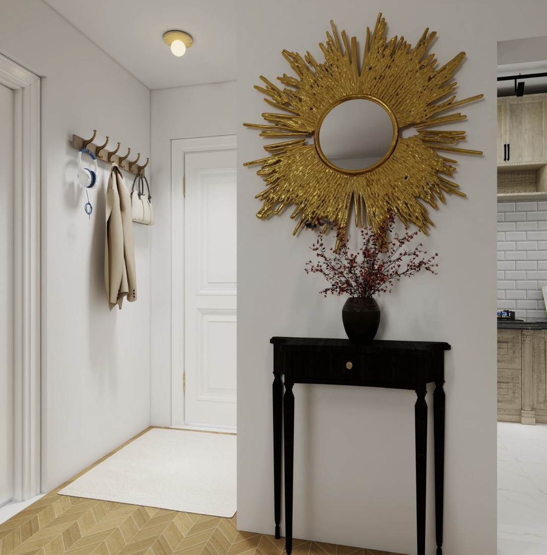 Entry hall design render with gold sunburst mirror and black console table